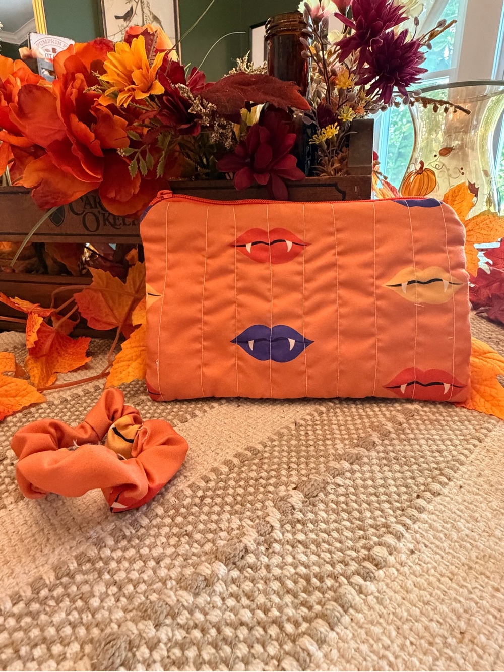 Orange Quilted Cosmetic Pouch with Lip Print